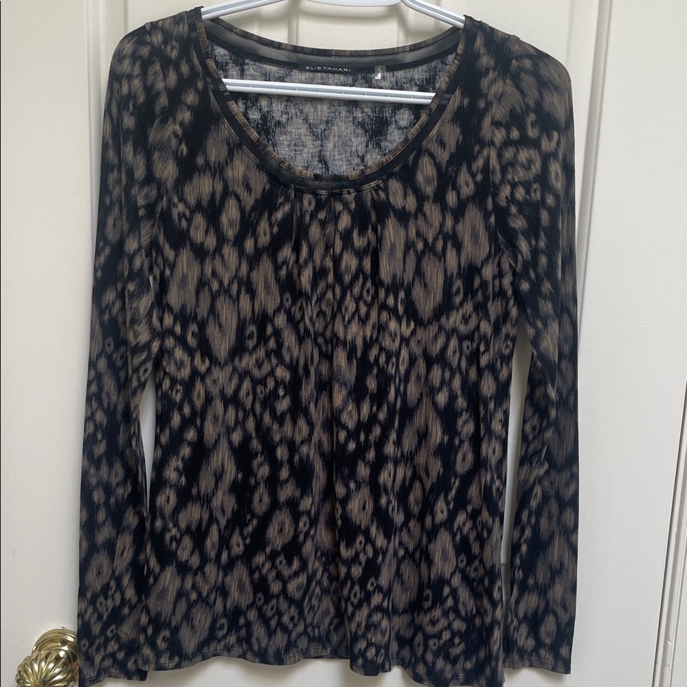 Elie Tahari sz S small blk olive brown gray print animal top mesh sheer neckline